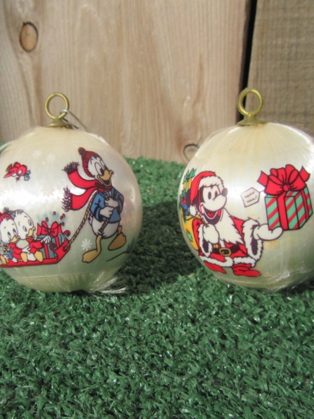 Vintage Disney Mickey Mouse Donald Duck Spun Satin Ball Christmas Ornament Set